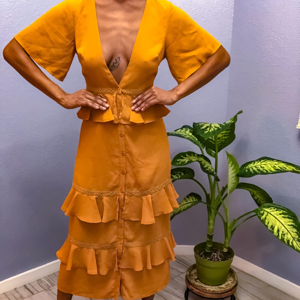 Mustard Ruffle Dress w/Plunging VNeck